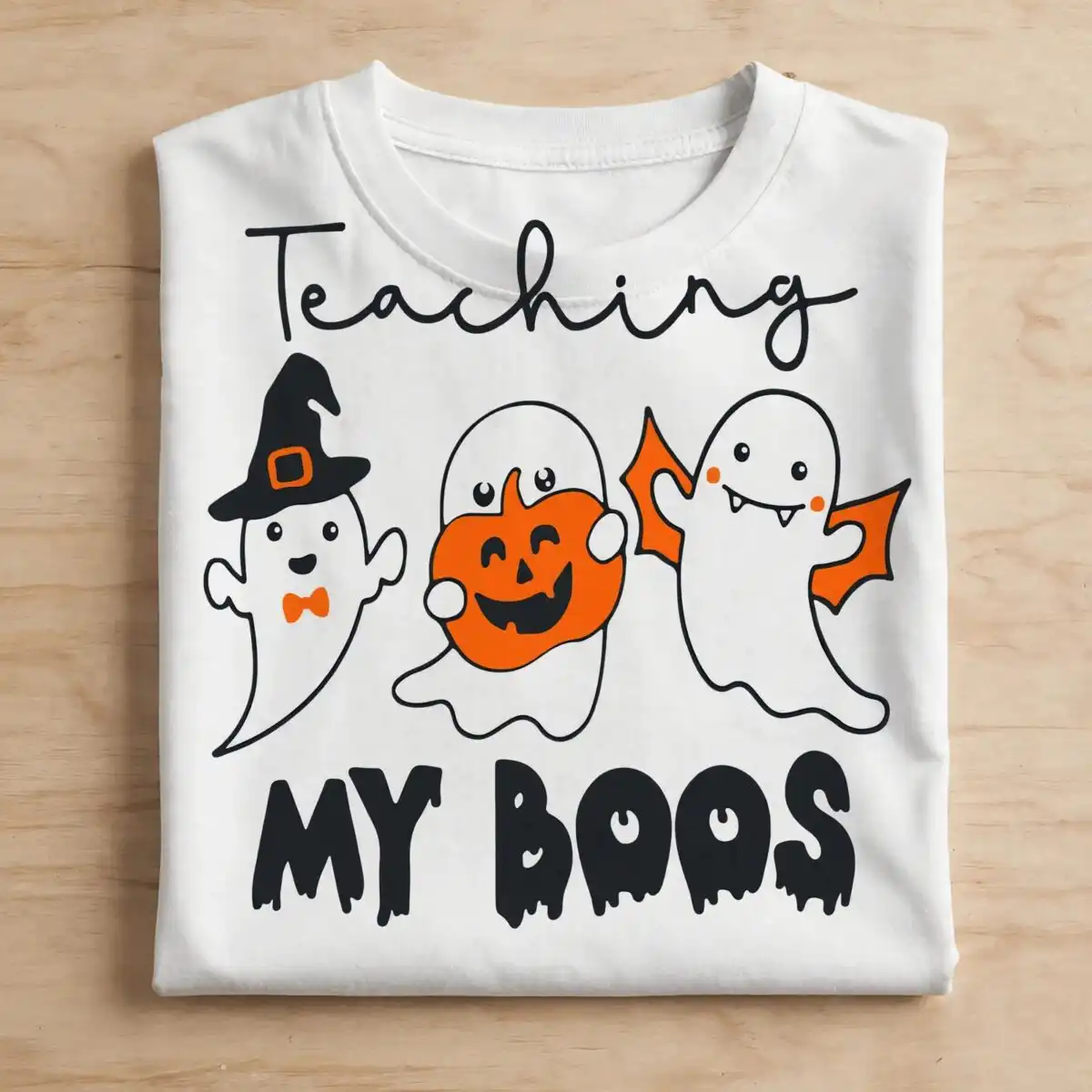 teaching my boo halloween design with three cute ghosts for teachers teaching my boo halloween svg design printed on a plain product mockup
