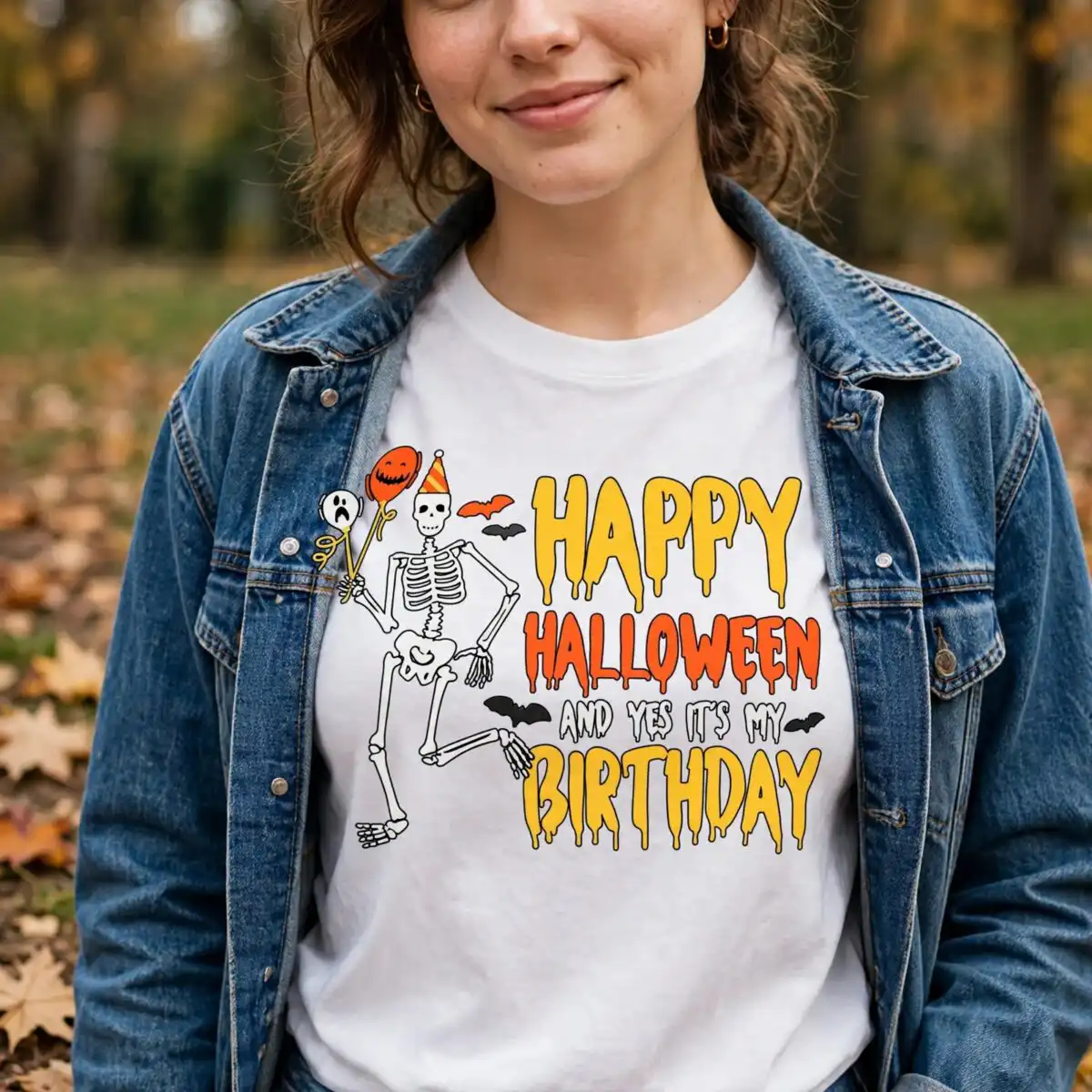 halloween skeleton party hat balloons svg design printed on a plain product mockup