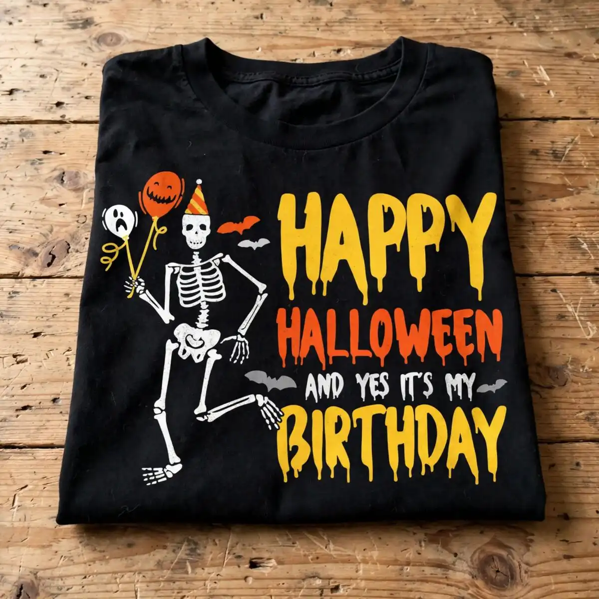 halloween skeleton party hat balloons svg design printed on a plain product mockup