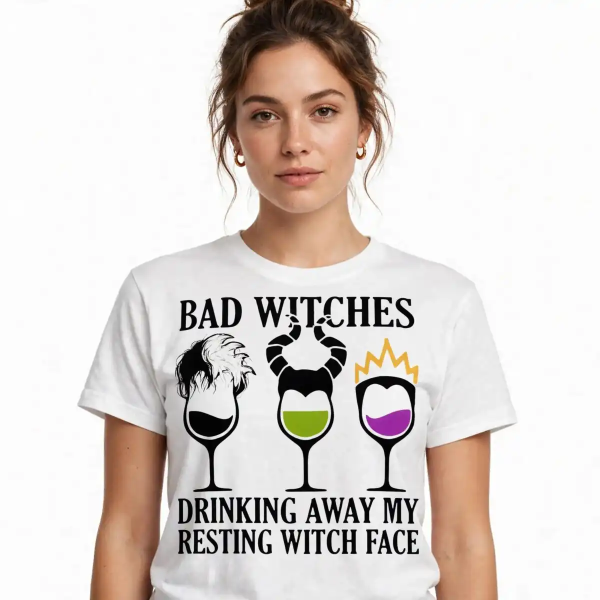 bad witches drinking club hocus pocus witches wine glass halloween shirt design hocus pocus witches svg design printed on a plain product mockup