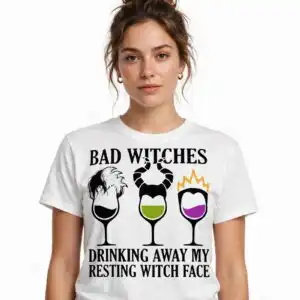 bad witches drinking club hocus pocus witches wine glass halloween shirt design hocus pocus witches svg design printed on a plain product mockup