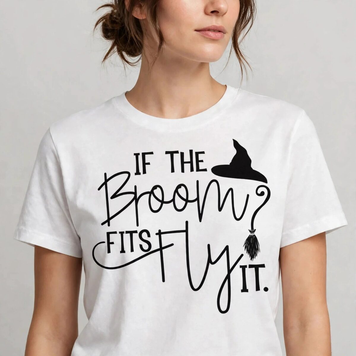 if the broom fits fly it halloween witch hat and broom quote if broom fits fly svg design printed on a plain product mockup