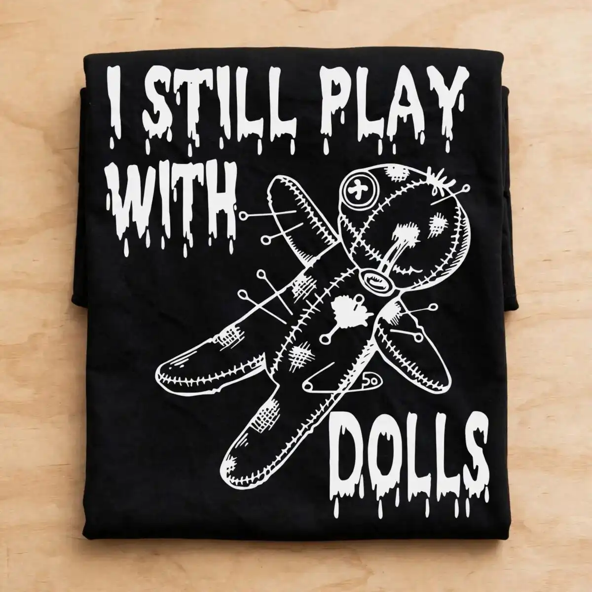 i still play with dolls halloween rag voodoo doll design for spooky shirts still play dolls halloween svg design printed on a plain product mockup