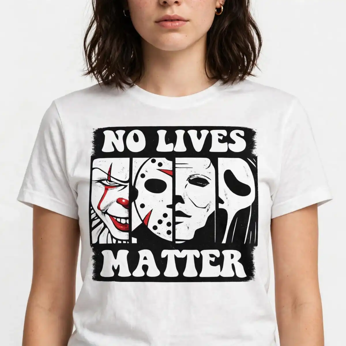 no lives matter horror text with four masked faces cut design no lives matter horror svg design printed on a plain product mockup