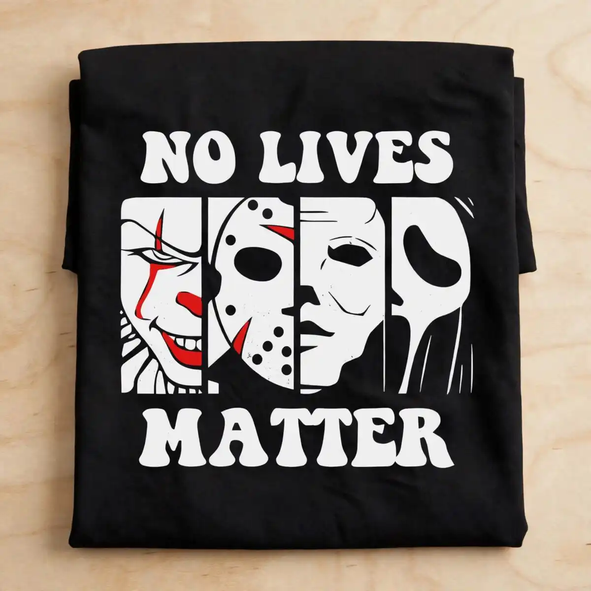 no lives matter horror text with four masked faces cut design no lives matter horror svg design printed on a plain product mockup