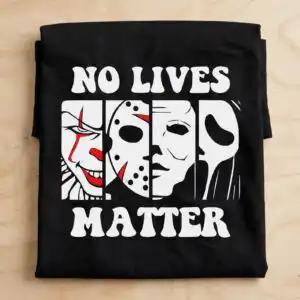 no lives matter horror text with four masked faces cut design no lives matter horror svg design printed on a plain product mockup