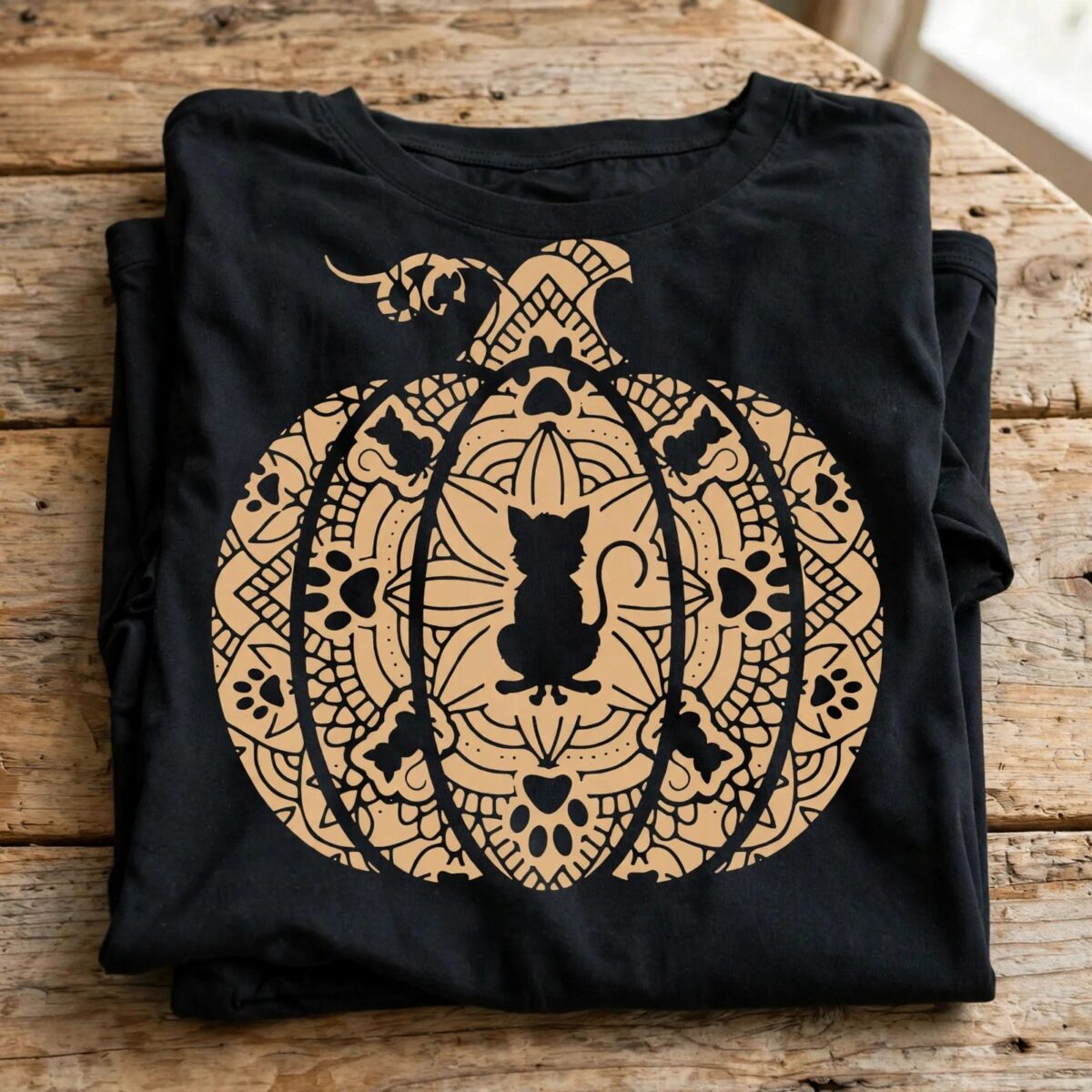 cozy boho pumpkin and cat mandala cut file for halloween crafting pumpkin cat mandala halloween svg design printed on a plain product mockup