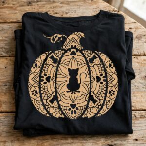 cozy boho pumpkin and cat mandala cut file for halloween crafting pumpkin cat mandala halloween svg design printed on a plain product mockup