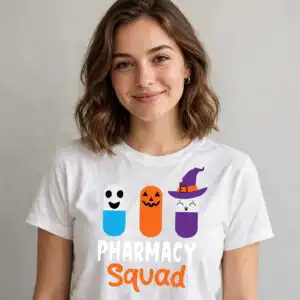 pharmacy squad halloween pills png design printed on a plain product mockup
