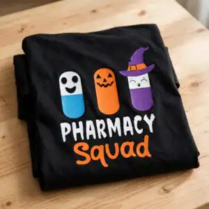 pharmacy squad halloween pills png design printed on a plain product mockup