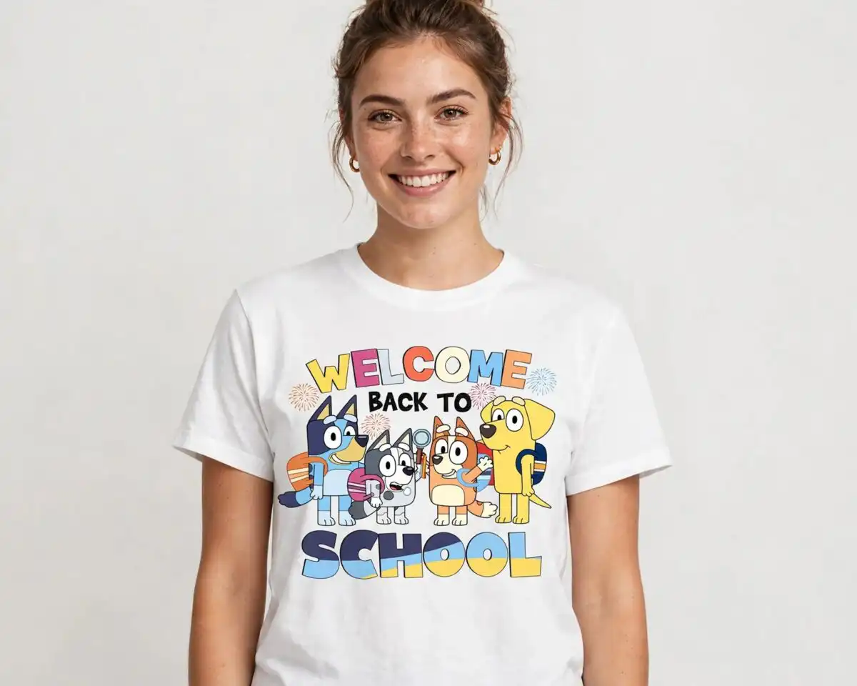 bluey back to school png design printed on a plain product mockup