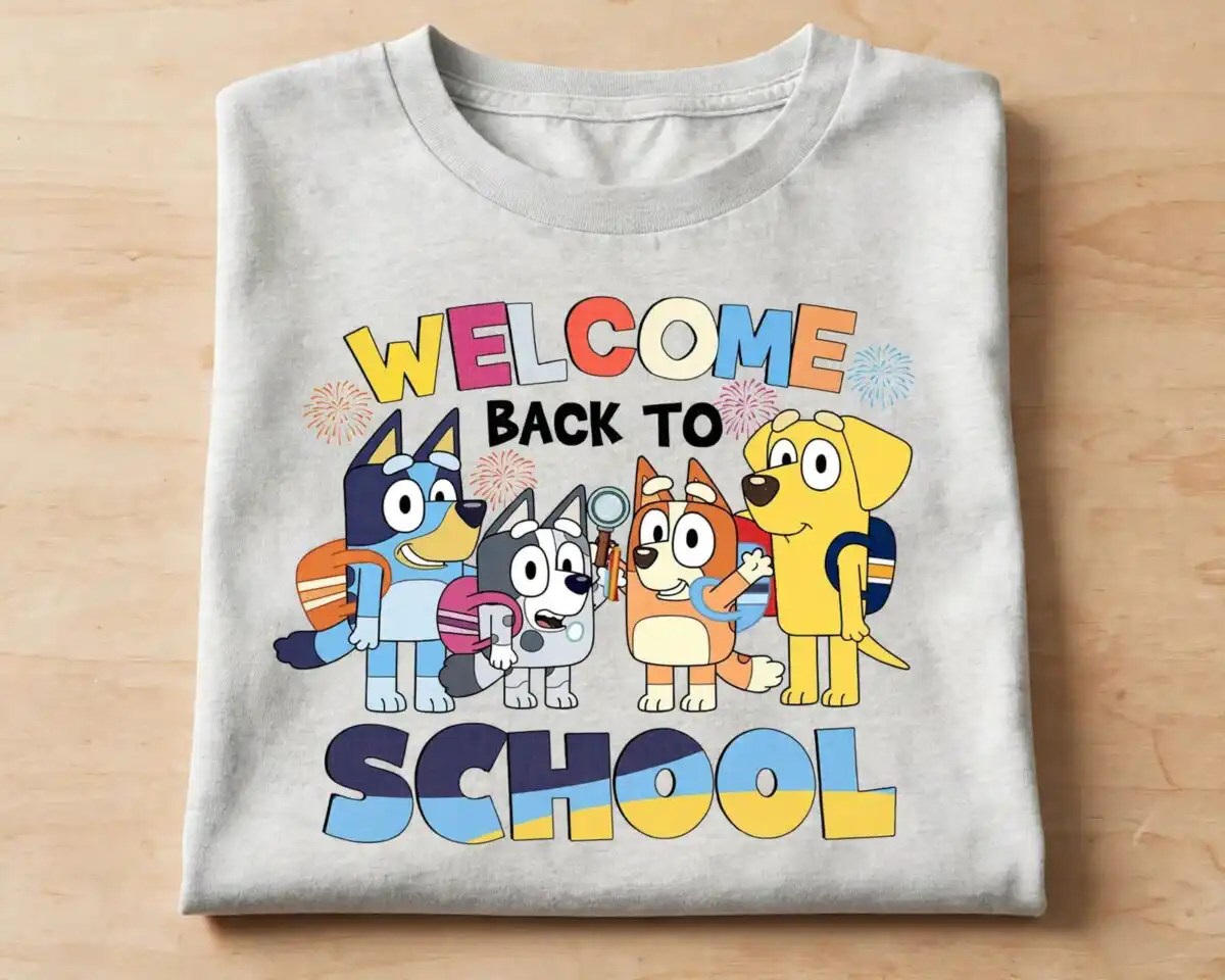 bluey back to school png design printed on a plain product mockup