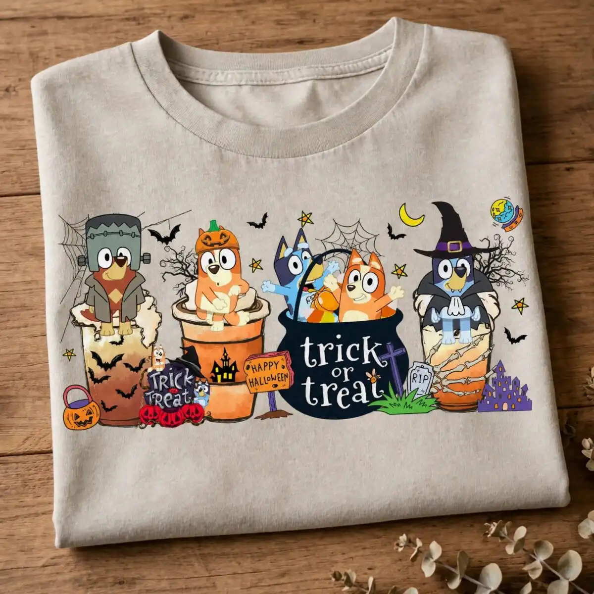 bluey coffee halloween pups in cups design for shirts tumblers and mugs bluey coffee halloween halloween png design printed on a plain product mockup