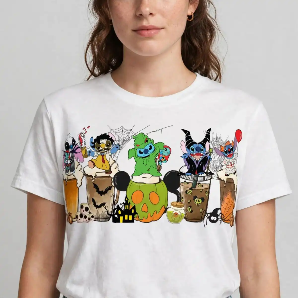 five costumed cartoon creatures halloween drink art for shirts and mugs halloween five costumed cartoon creatures png design printed on a plain product mockup