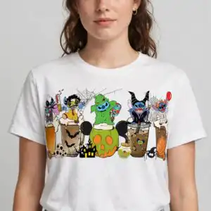 five costumed cartoon creatures halloween drink art for shirts and mugs halloween five costumed cartoon creatures png design printed on a plain product mockup