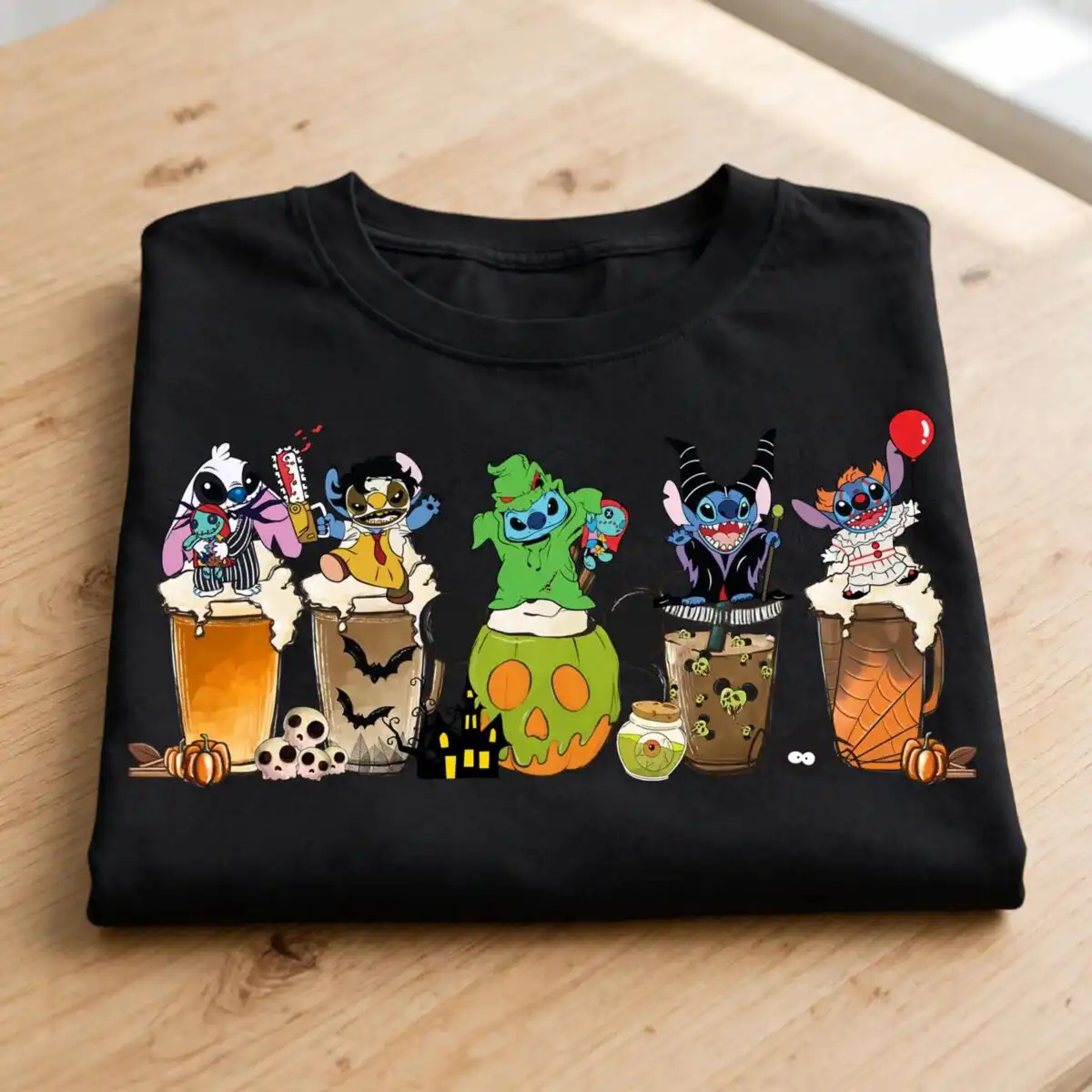five costumed cartoon creatures halloween drink art for shirts and mugs halloween five costumed cartoon creatures png design printed on a plain product mockup