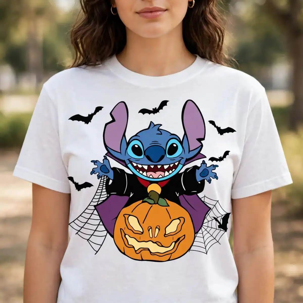 cute stitch devil pumpkin halloween design with vampire cape for shirts stitch devil pumpkin halloween svg design printed on a plain product mockup