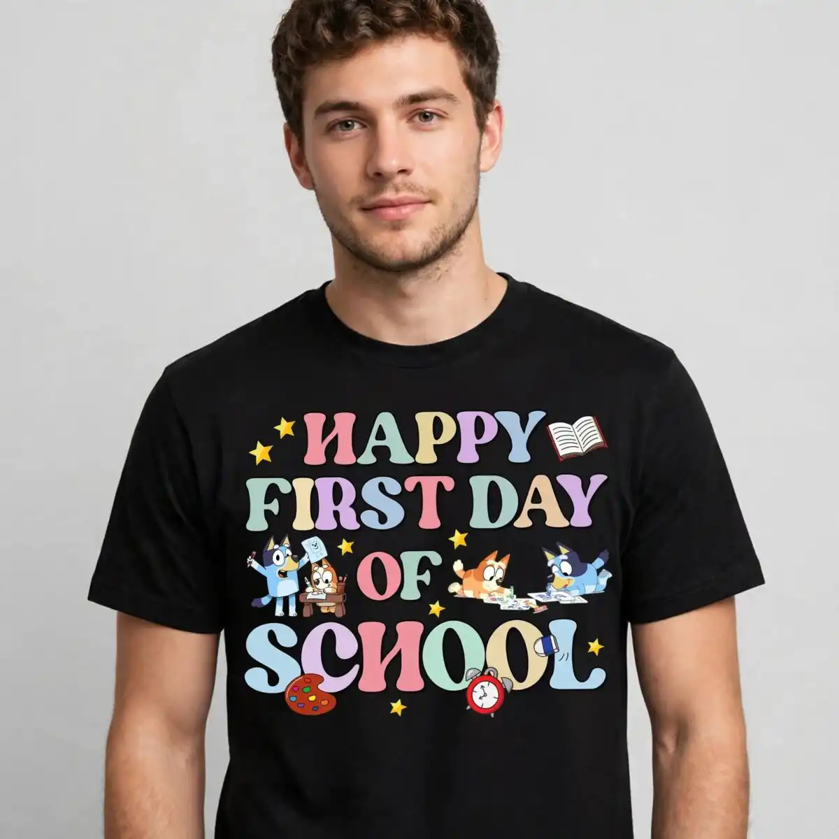 bluey happy first day of school cartoon pups art celebration happy first day of school svg design printed on a plain product mockup