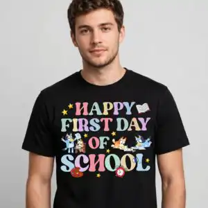 bluey happy first day of school cartoon pups art celebration happy first day of school svg design printed on a plain product mockup
