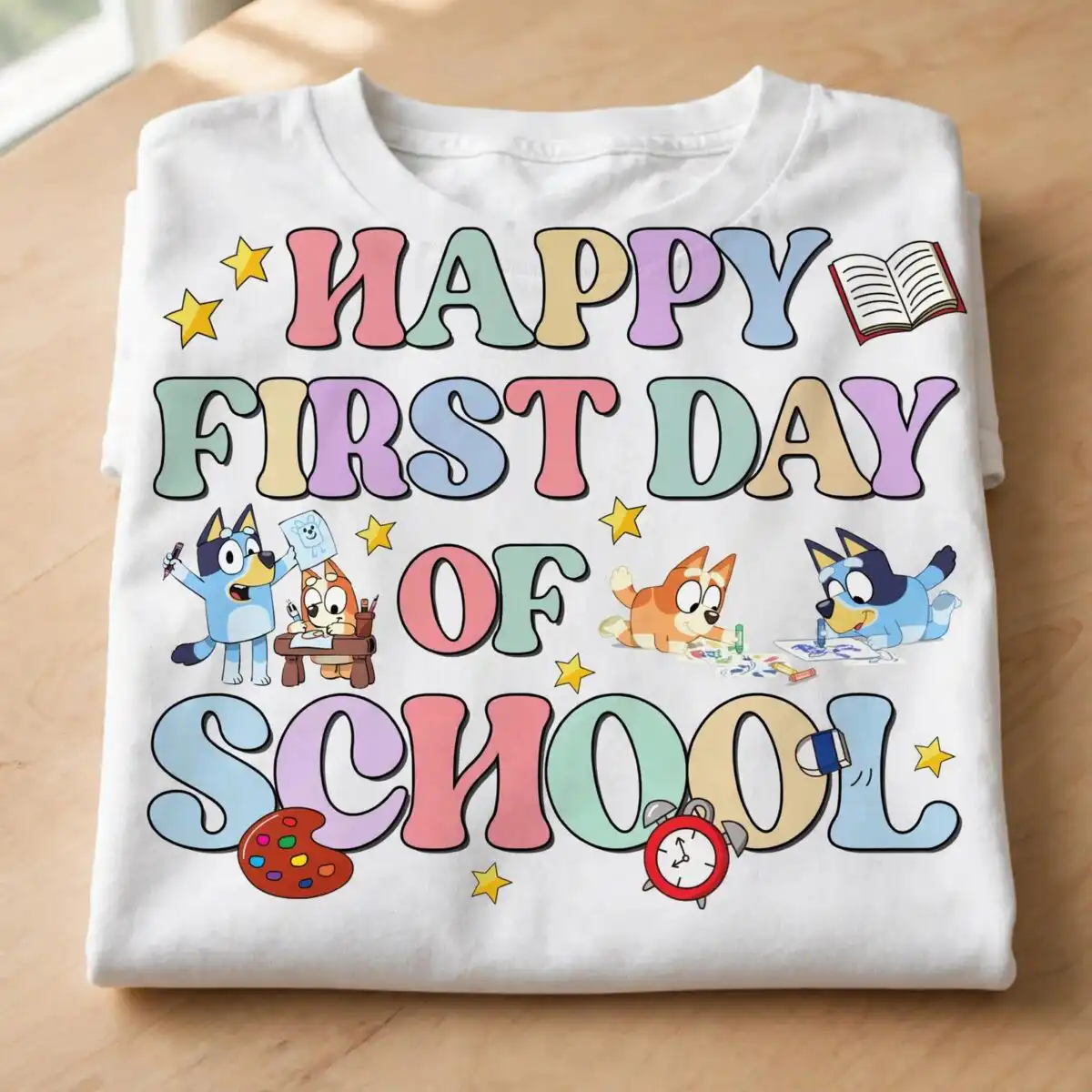 bluey happy first day of school cartoon pups art celebration happy first day of school svg design printed on a plain product mockup