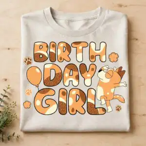 bluey and bingo birthday clipart design printed on a plain product mockup