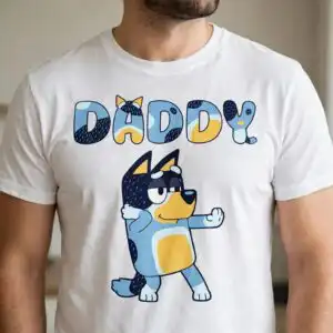 bluey daddy shirt design with dancing bandit dog and patterned daddy lettering bluey daddy bluey bandit svg design printed on a plain product mockup