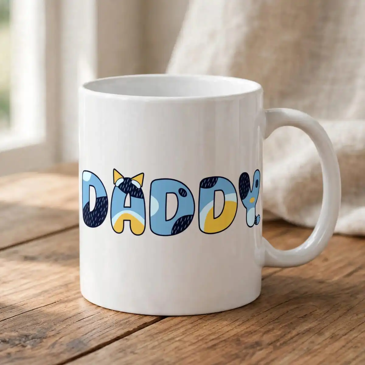 bluey daddy shirt design with dancing bandit dog and patterned daddy lettering bluey daddy bluey bandit svg design printed on a plain product mockup