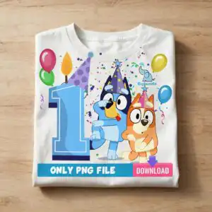 bluey 1st birthday party with two cartoon puppies and big number 1 bluey 1st birthday svg design printed on a plain product mockup