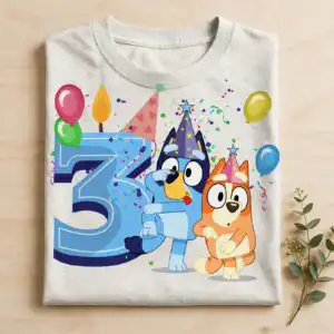 bluey 3rd birthday party with two cartoon pups and balloons bluey 3rd birthday png design printed on a plain product mockup