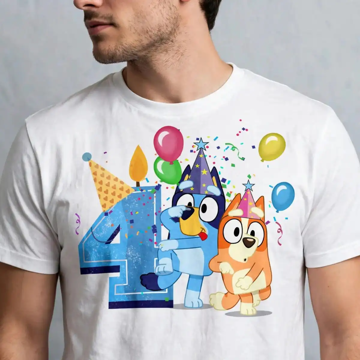 4th birthday boy design with two cartoon puppies and balloons 4th birthday svg design printed on a plain product mockup