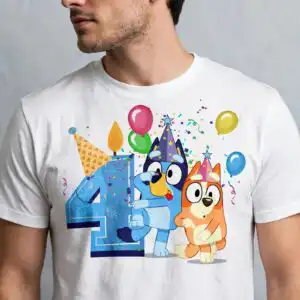 4th birthday boy design with two cartoon puppies and balloons 4th birthday svg design printed on a plain product mockup