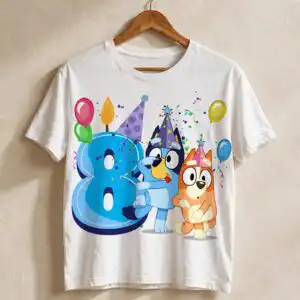 8th birthday boy shirt art with number 8 and two party dogs 8th birthday boy shirt svg design printed on a plain product mockup