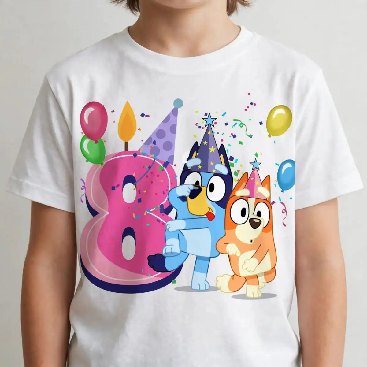 8th bluey birthday girl png design printed on a plain product mockup