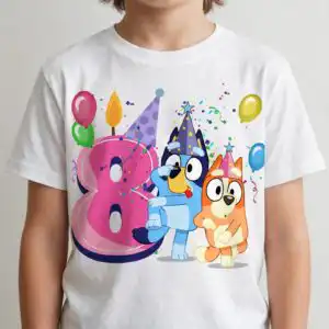 8th bluey birthday girl png design printed on a plain product mockup
