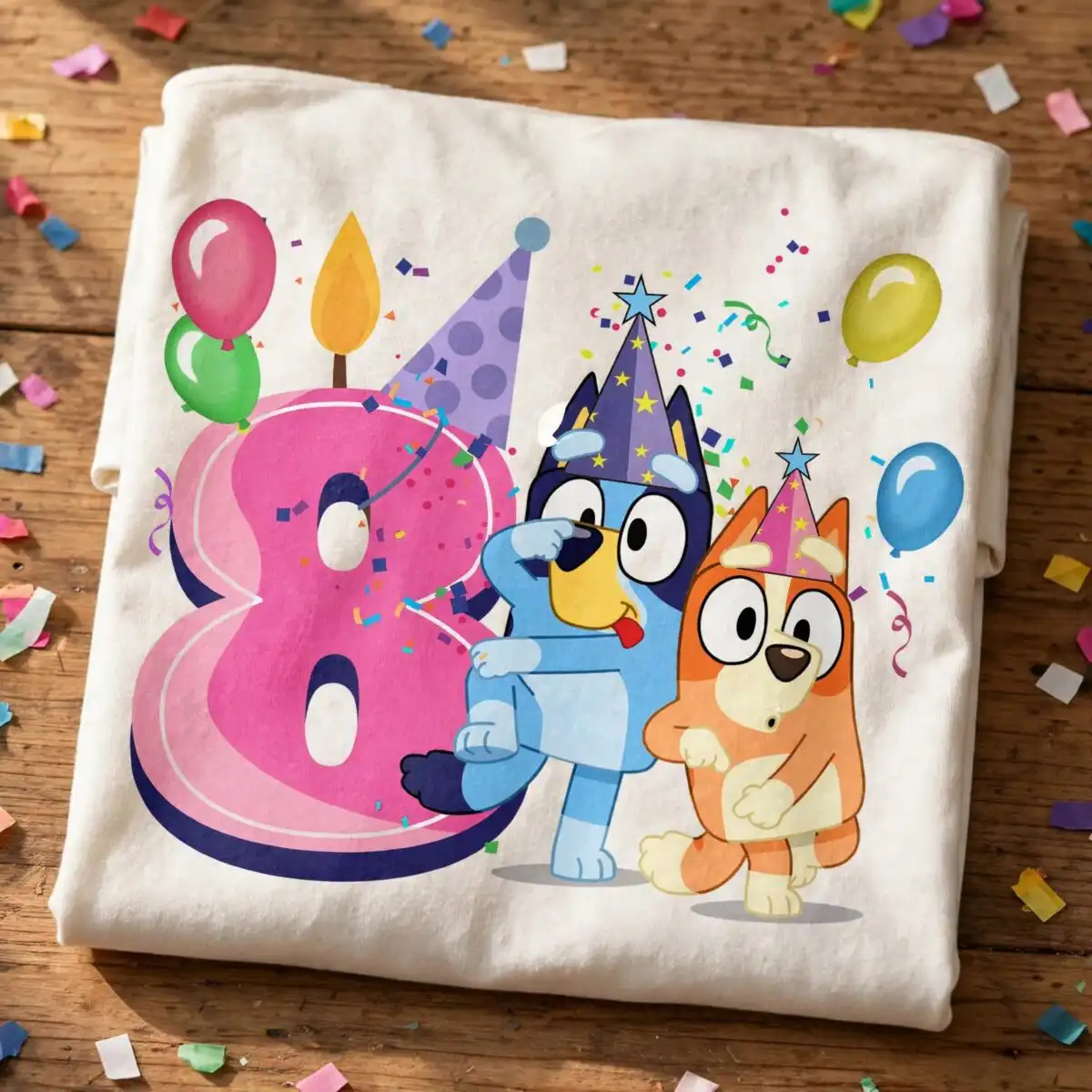8th bluey birthday girl png design printed on a plain product mockup