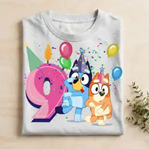 bluey birthday shirt design design printed on a plain product mockup