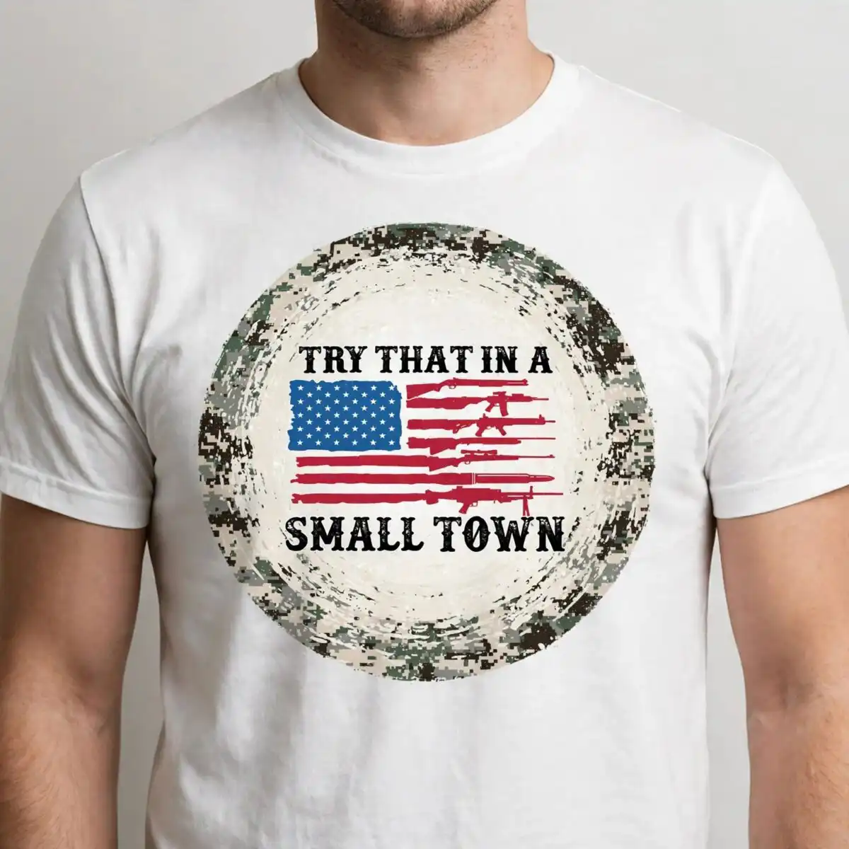 try that in a small town american flag rifle camo tumbler wrap american flag png file design printed on a plain product mockup