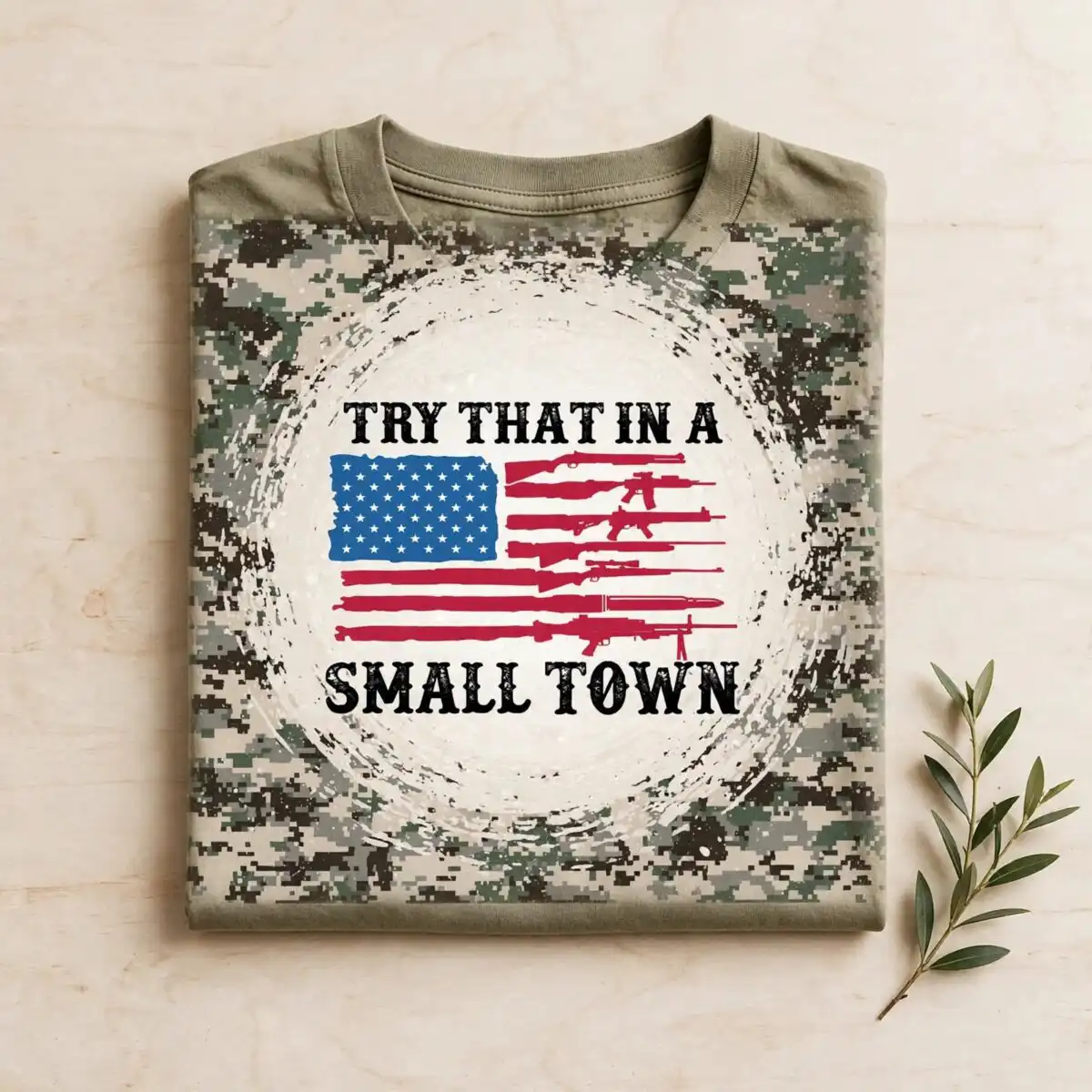 try that in a small town american flag rifle camo tumbler wrap american flag png file design printed on a plain product mockup