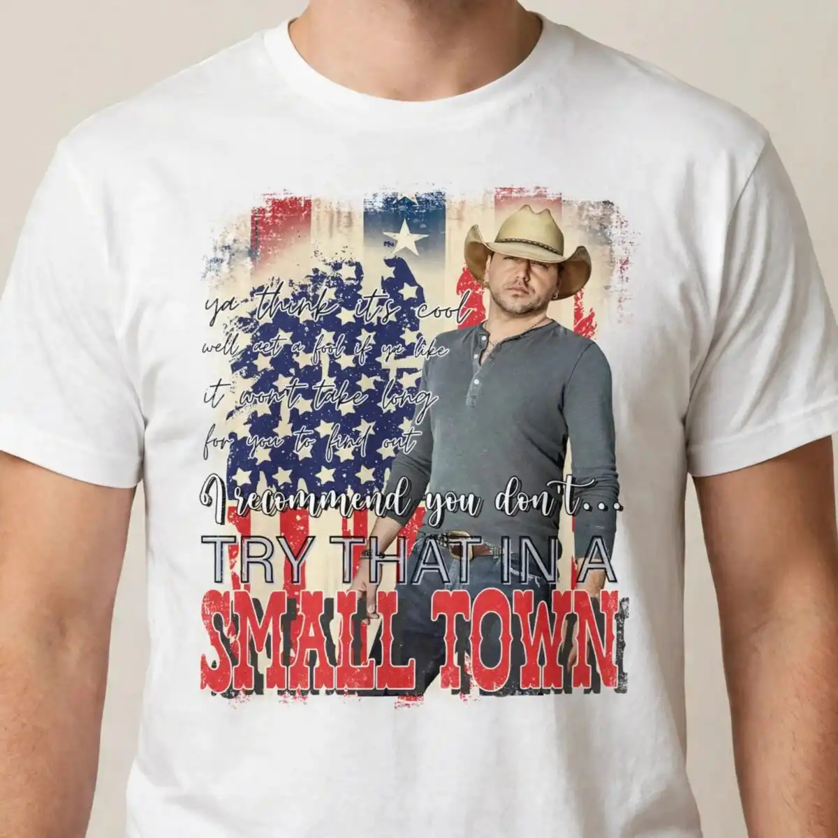 patriotic man cowboy hat front png design printed on a plain product mockup