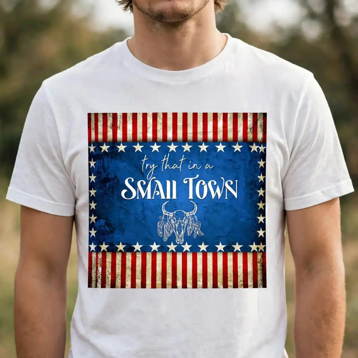 patriotic small town western png design printed on a plain product mockup