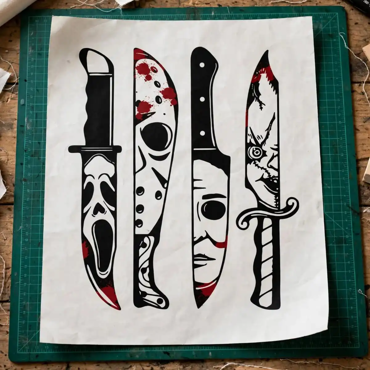 horror moives knives halloween svg design printed on a plain product mockup