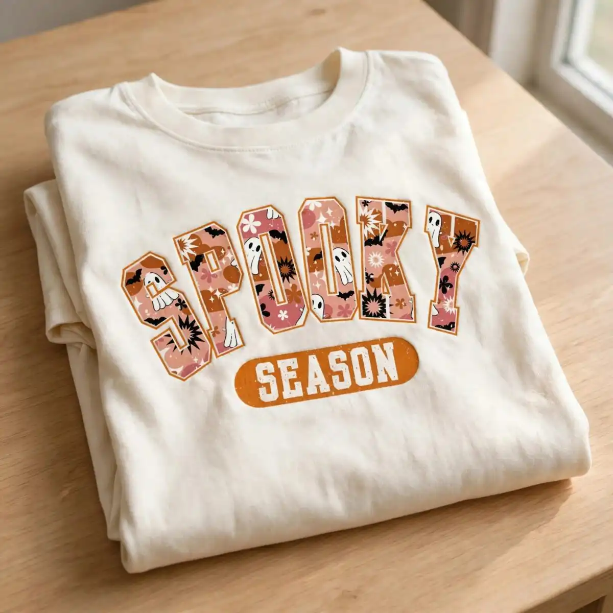spooky season svg design printed on a plain product mockup
