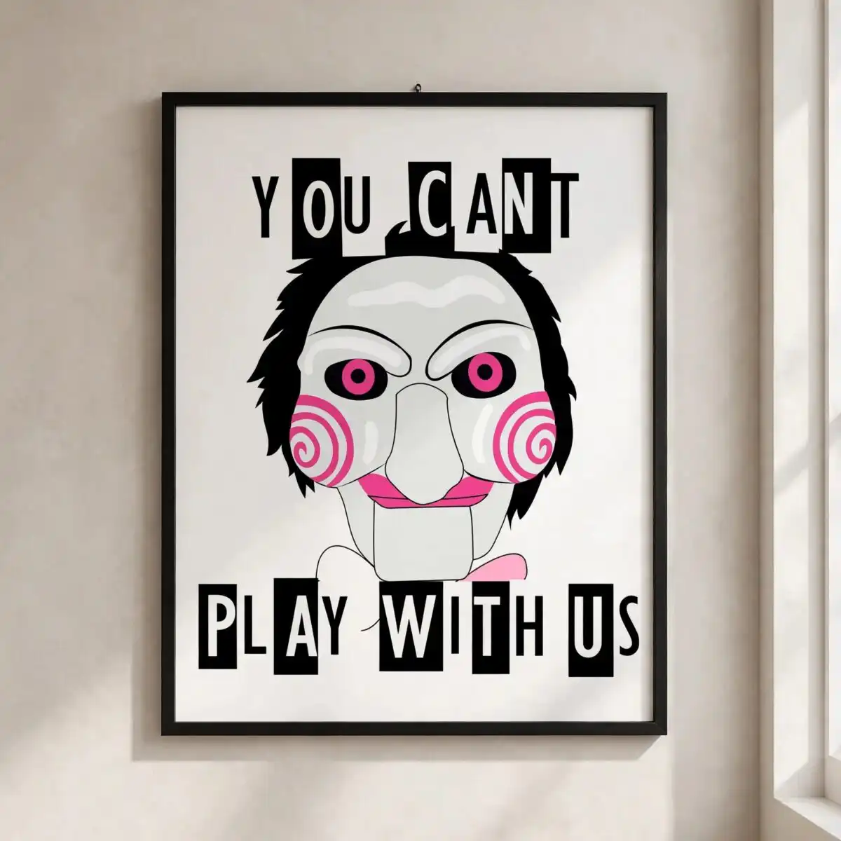 halloween cartoon ventriloquist dummy puppet head with you cant play with us halloween cartoon ventriloquist dummy puppet svg design printed on a plain product mockup