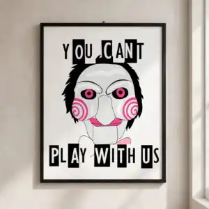 halloween cartoon ventriloquist dummy puppet head with you cant play with us halloween cartoon ventriloquist dummy puppet svg design printed on a plain product mockup