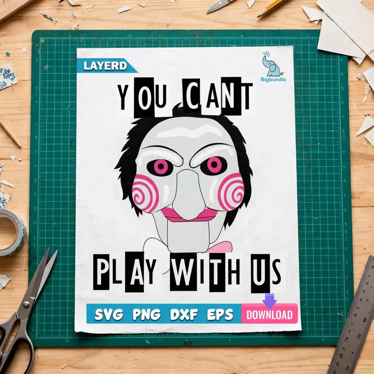 halloween cartoon ventriloquist dummy puppet head with you cant play with us halloween cartoon ventriloquist dummy puppet svg design printed on a plain product mockup