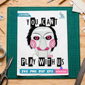 halloween cartoon ventriloquist dummy puppet head with you cant play with us halloween cartoon ventriloquist dummy puppet svg design printed on a plain product mockup
