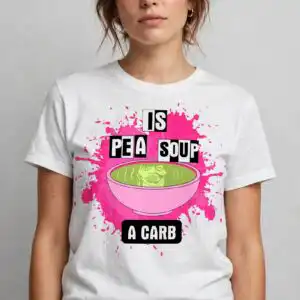 pea soup is a carb horror quote design with pink bowl pea soup carb horror svg design printed on a plain product mockup