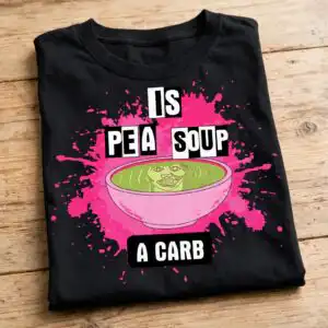 pea soup is a carb horror quote design with pink bowl pea soup carb horror svg design printed on a plain product mockup