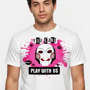 you can't play with us black and white puppet mask halloween design black and white mask png design printed on a plain product mockup