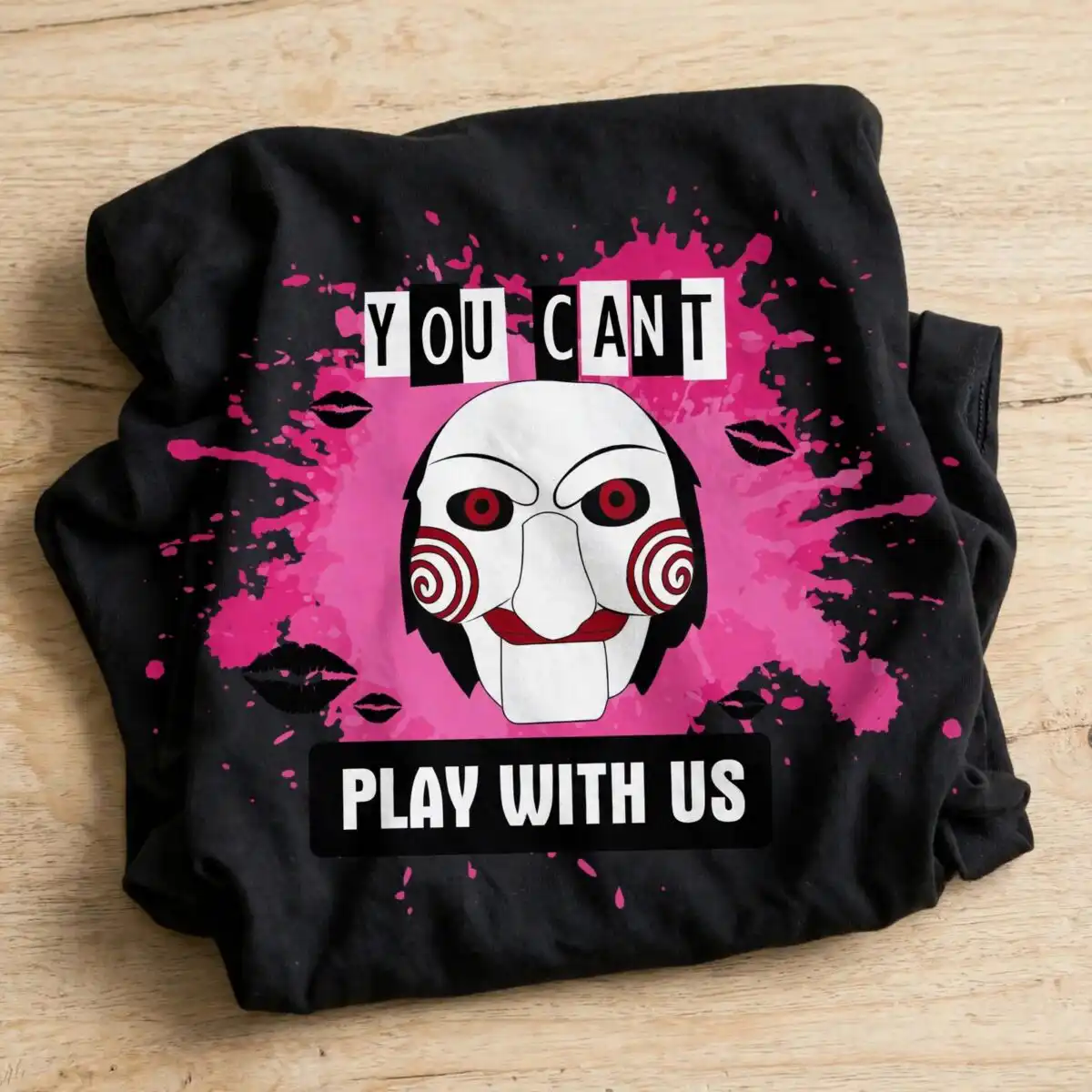 you can't play with us black and white puppet mask halloween design black and white mask png design printed on a plain product mockup